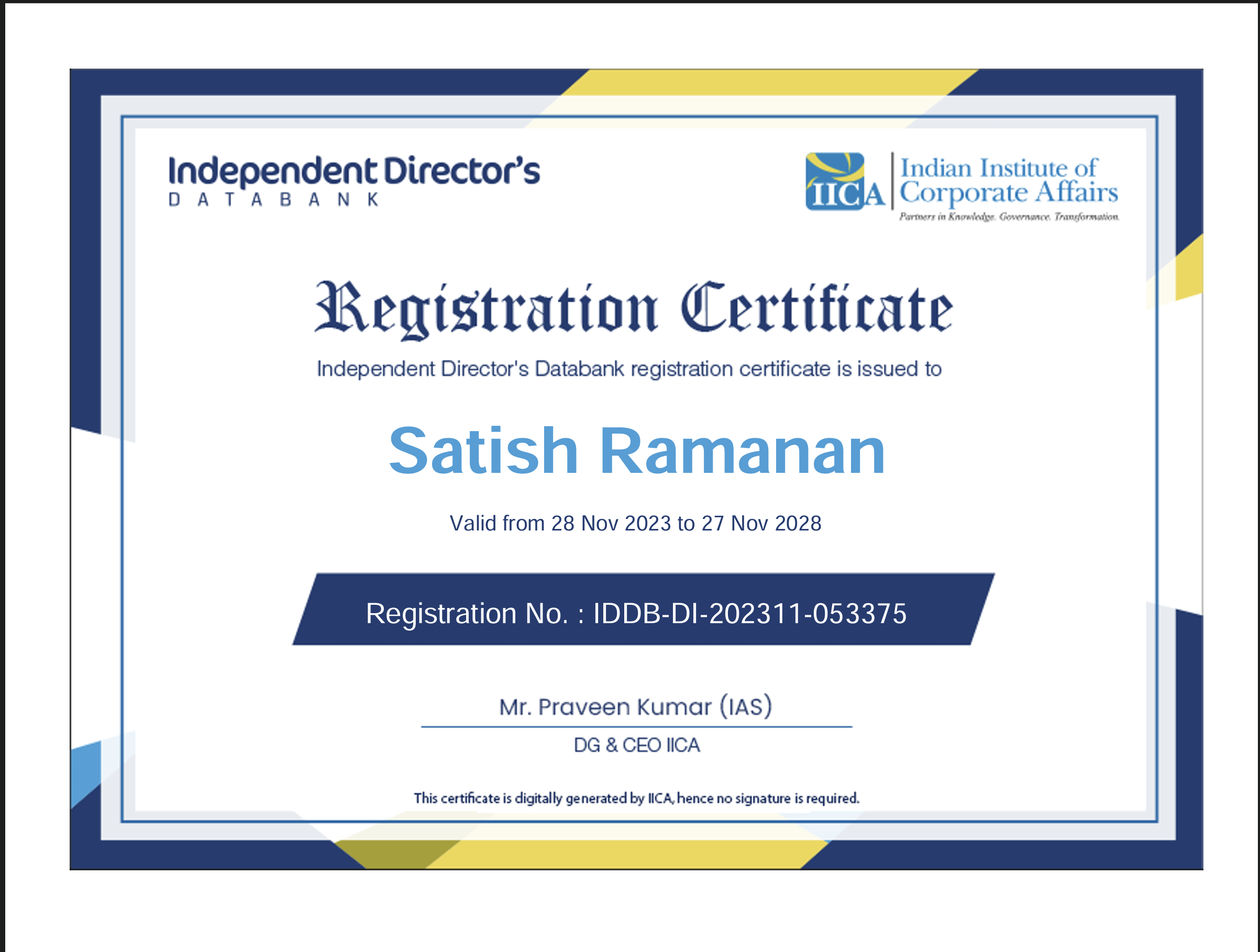 Independent Director's Databank registration certificate for Satish Ramanan