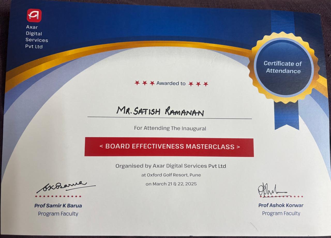 Board Effectiveness Masterclass certificate awarded to Satish Ramanan
